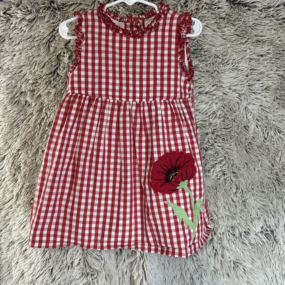 Copper Key Vtg Dress Poppy Seed Flower Embroidery Beads Red White Checker Sz 3T‎